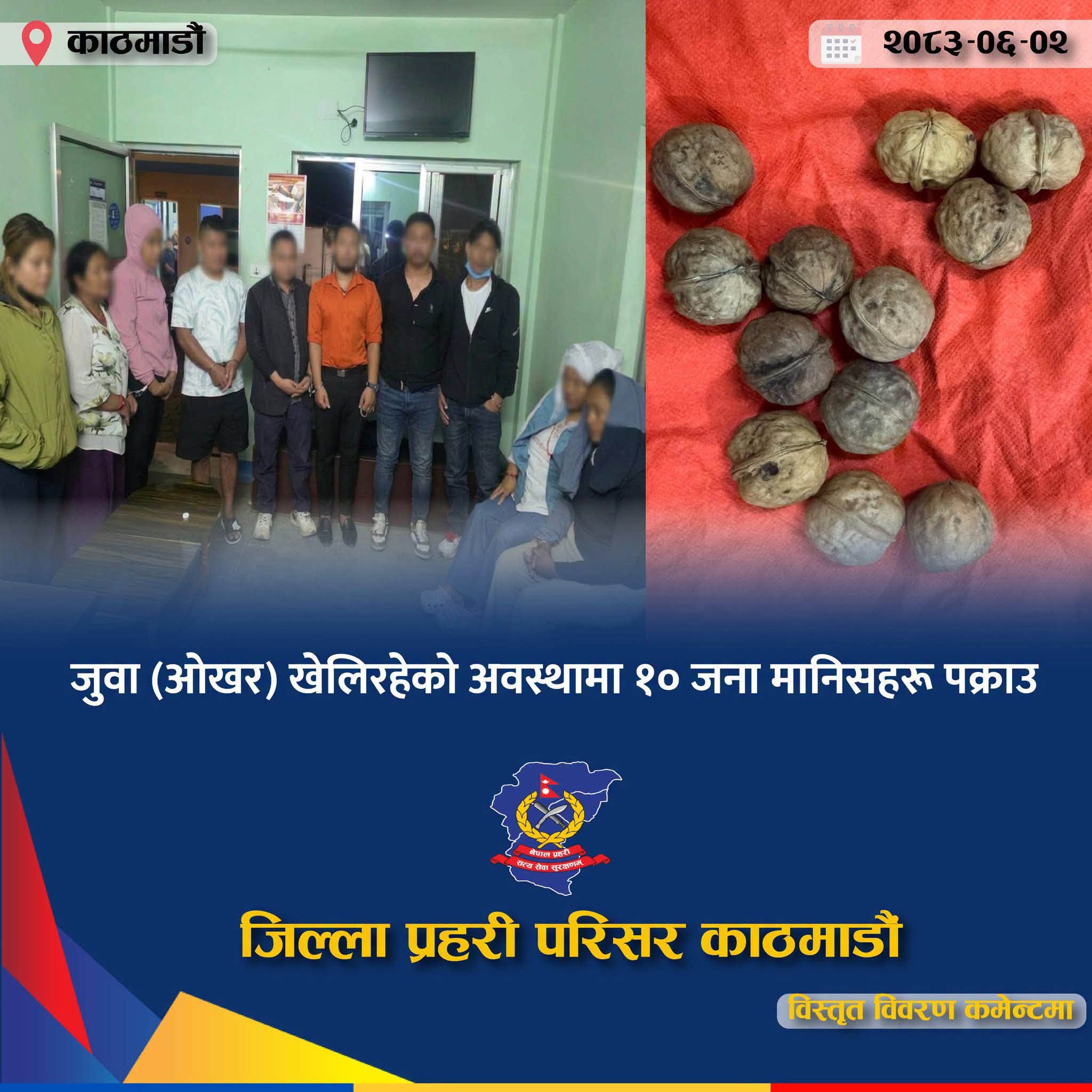 बुढानिलकण्ठको तारेभिरबाट जुवा खेलिरहेको अवस्थामा १० जना पक्राउ